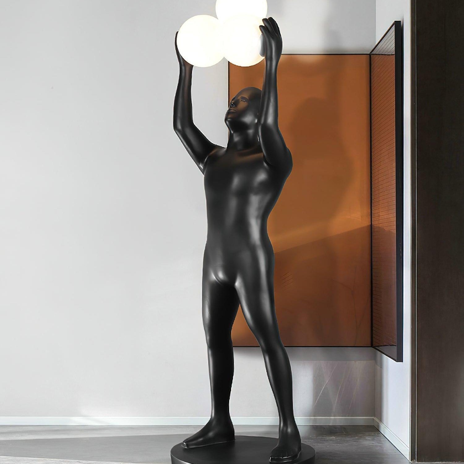 Artistic Humanoid Figure Standing Lamp with Triple Glass Spheres for Modern Living Room