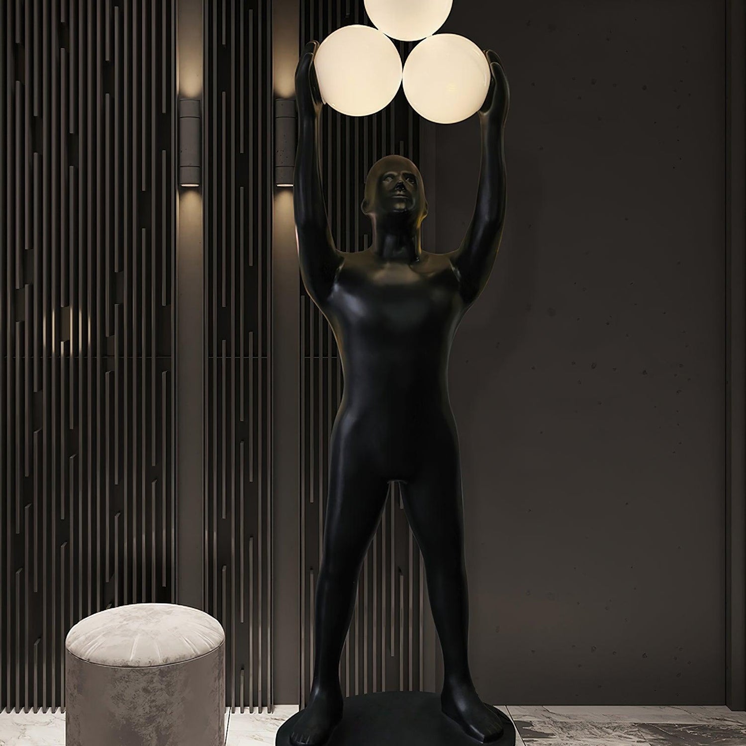 Artistic Humanoid Figure Standing Lamp with Triple Glass Spheres for Modern Living Room