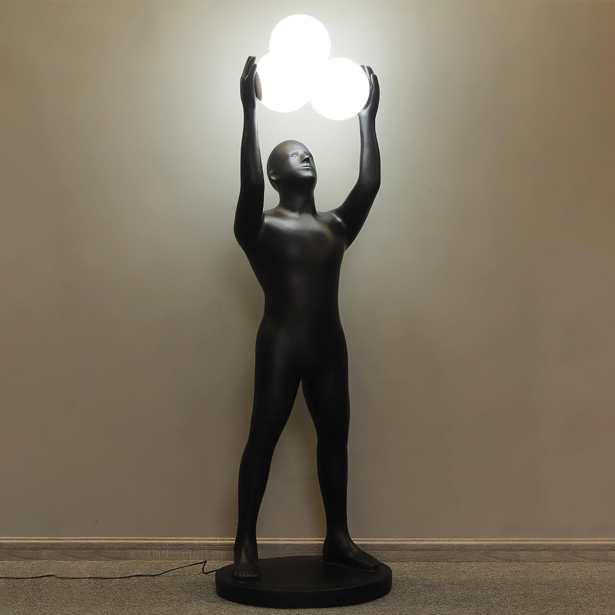 Artistic Humanoid Figure Standing Lamp with Triple Glass Spheres for Modern Living Room