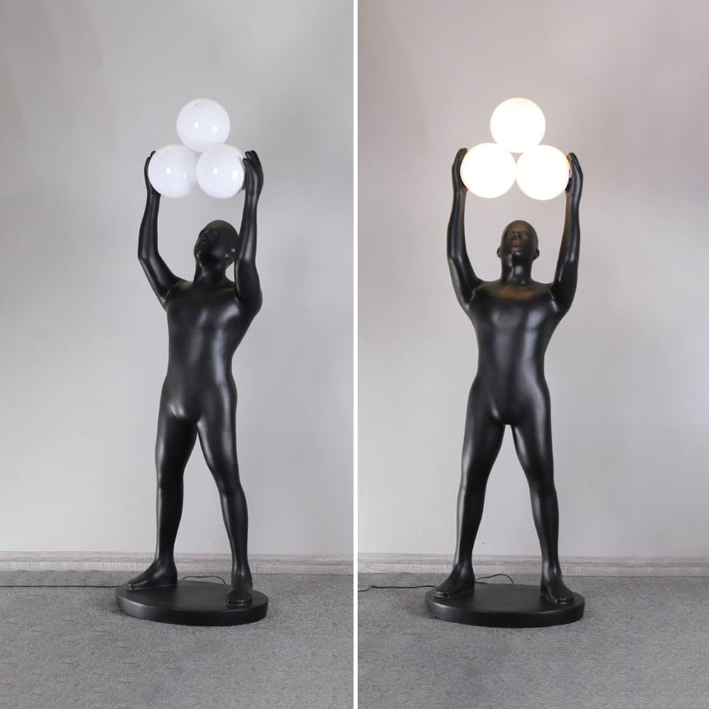 Artistic Humanoid Figure Standing Lamp with Triple Glass Spheres for Modern Living Room