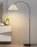 modern-arched-floor-lamp-with-pleated-white-shade-and-matte-black-metal-frame