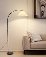 modern-arched-floor-lamp-with-pleated-white-shade-and-matte-black-metal-frame