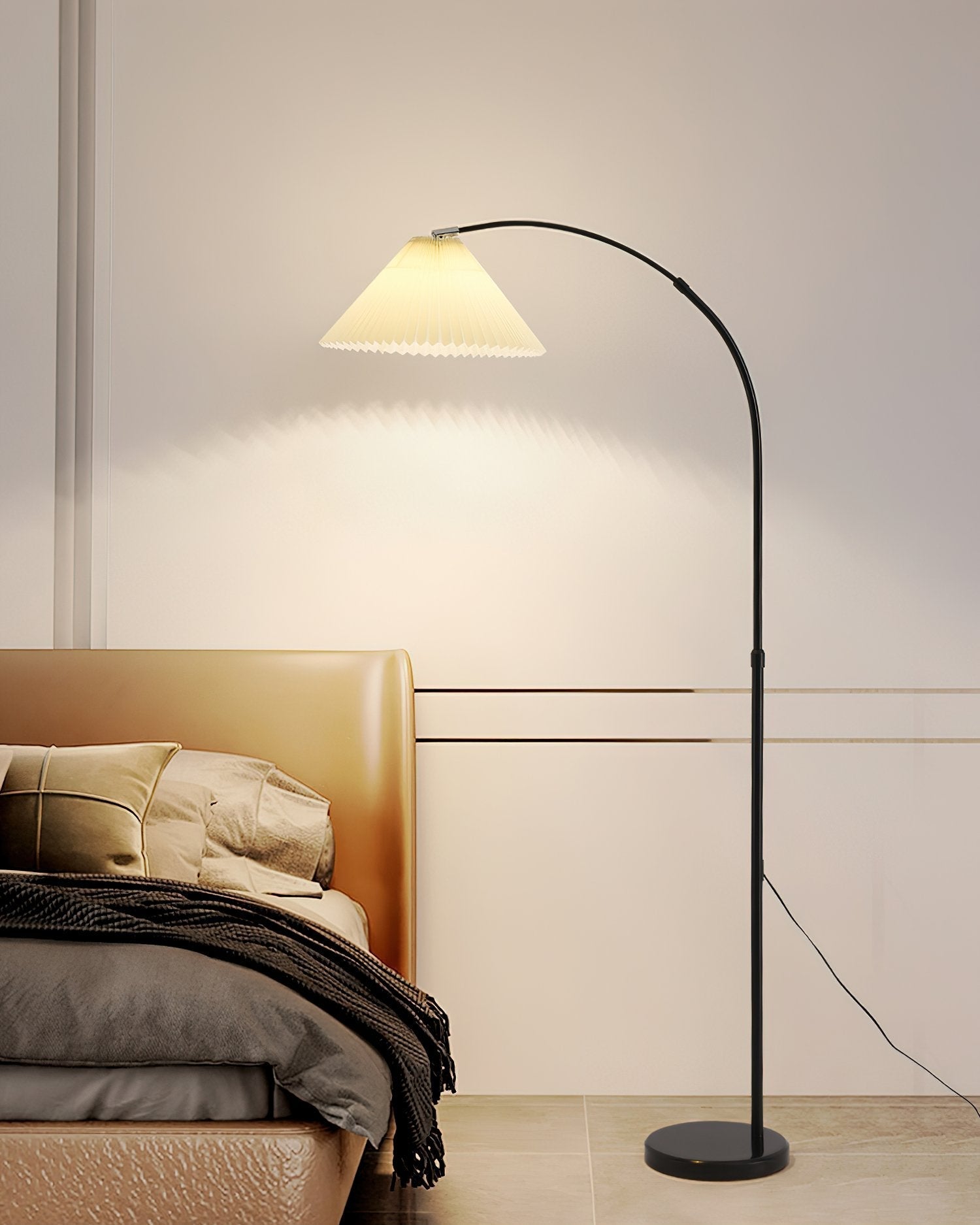 modern-arched-floor-lamp-with-pleated-white-shade-and-matte-black-metal-frame