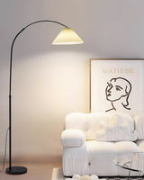 modern-arched-floor-lamp-with-pleated-white-shade-and-matte-black-metal-frame