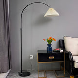 modern-arched-floor-lamp-with-pleated-white-shade-and-matte-black-metal-frame