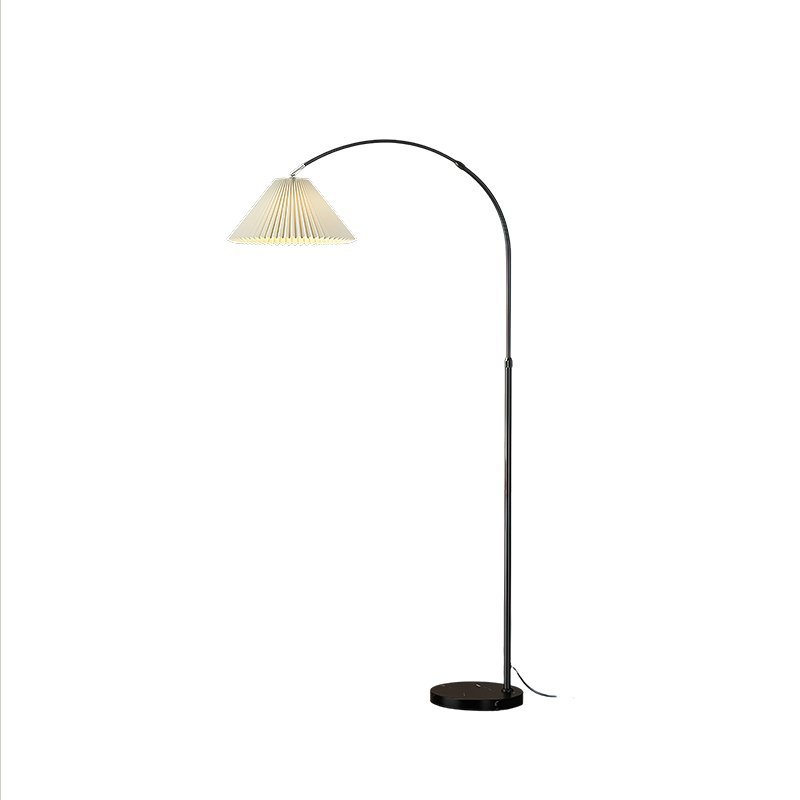modern-arched-floor-lamp-with-pleated-white-shade-and-matte-black-metal-frame