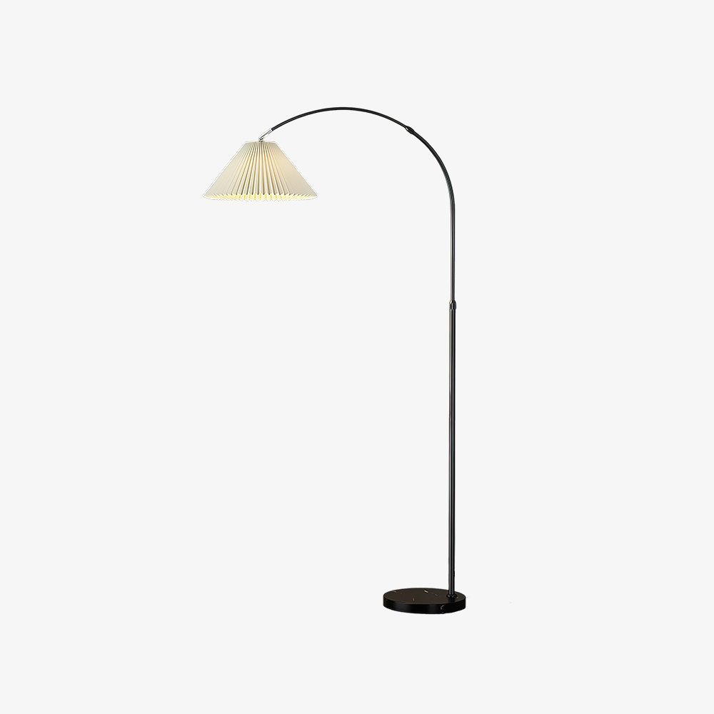 modern-arched-floor-lamp-with-pleated-white-shade-and-matte-black-metal-frame