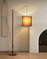 mid-century-modern-walnut-wood-arched-floor-lamp-with-fabric-drum-shade-standing-light