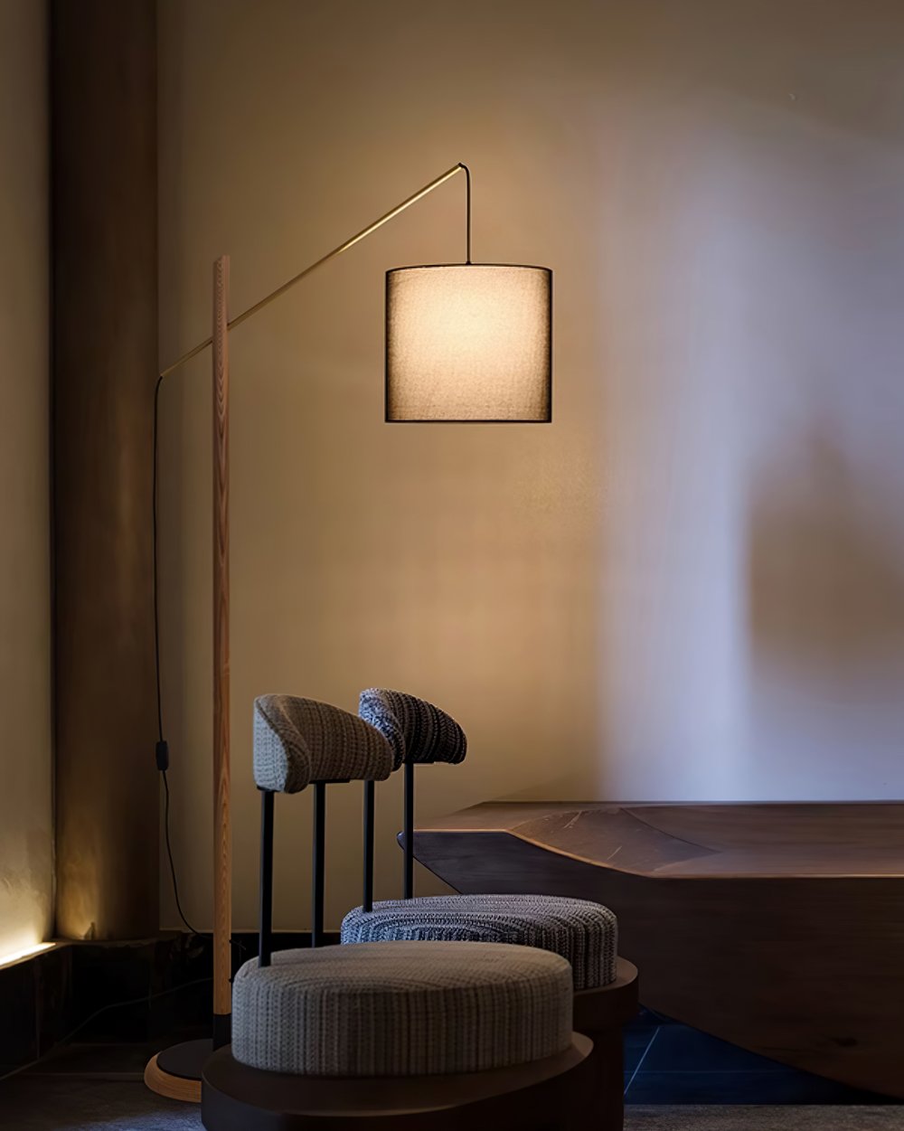 mid-century-modern-walnut-wood-arched-floor-lamp-with-fabric-drum-shade-standing-light