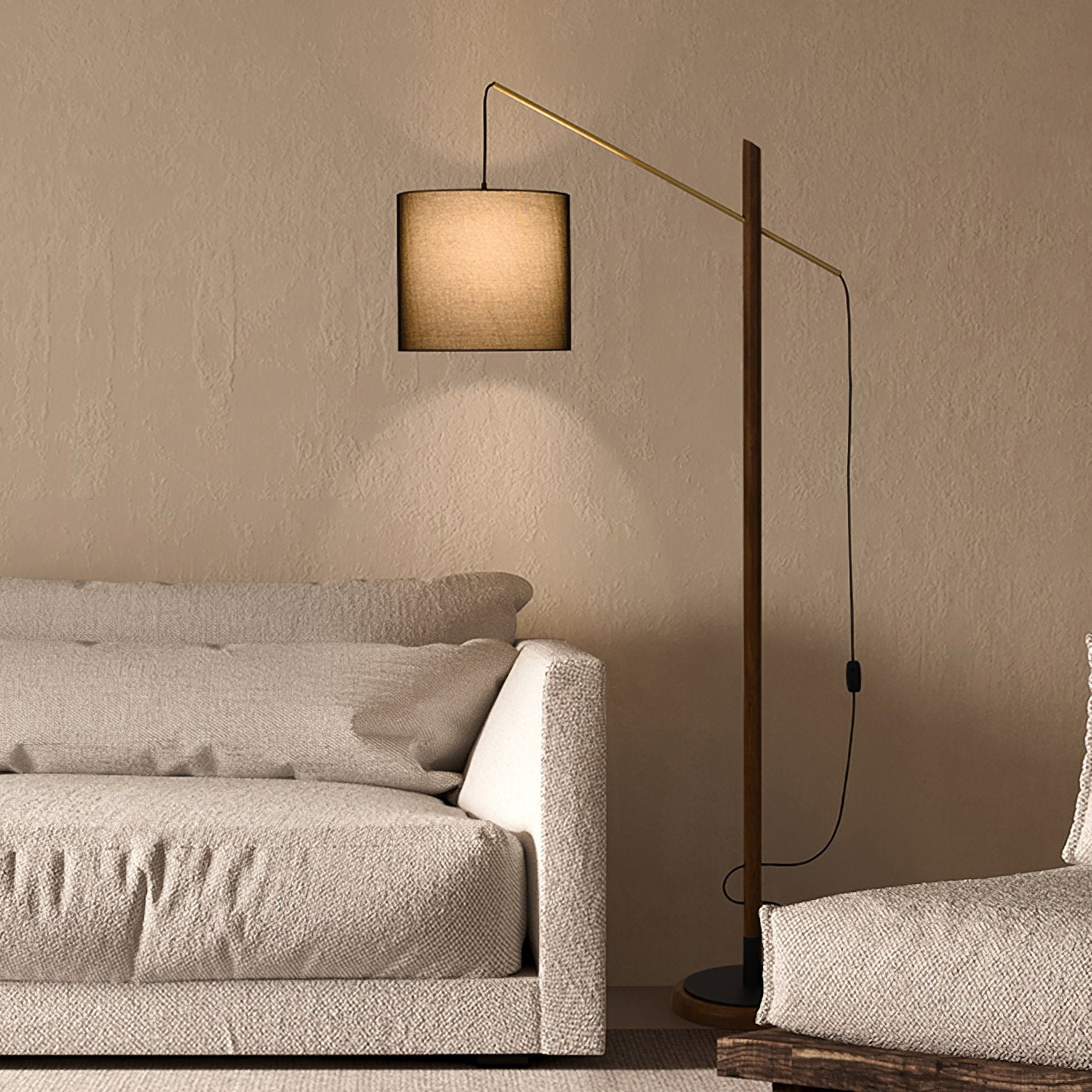mid-century-modern-walnut-wood-arched-floor-lamp-with-fabric-drum-shade-standing-light