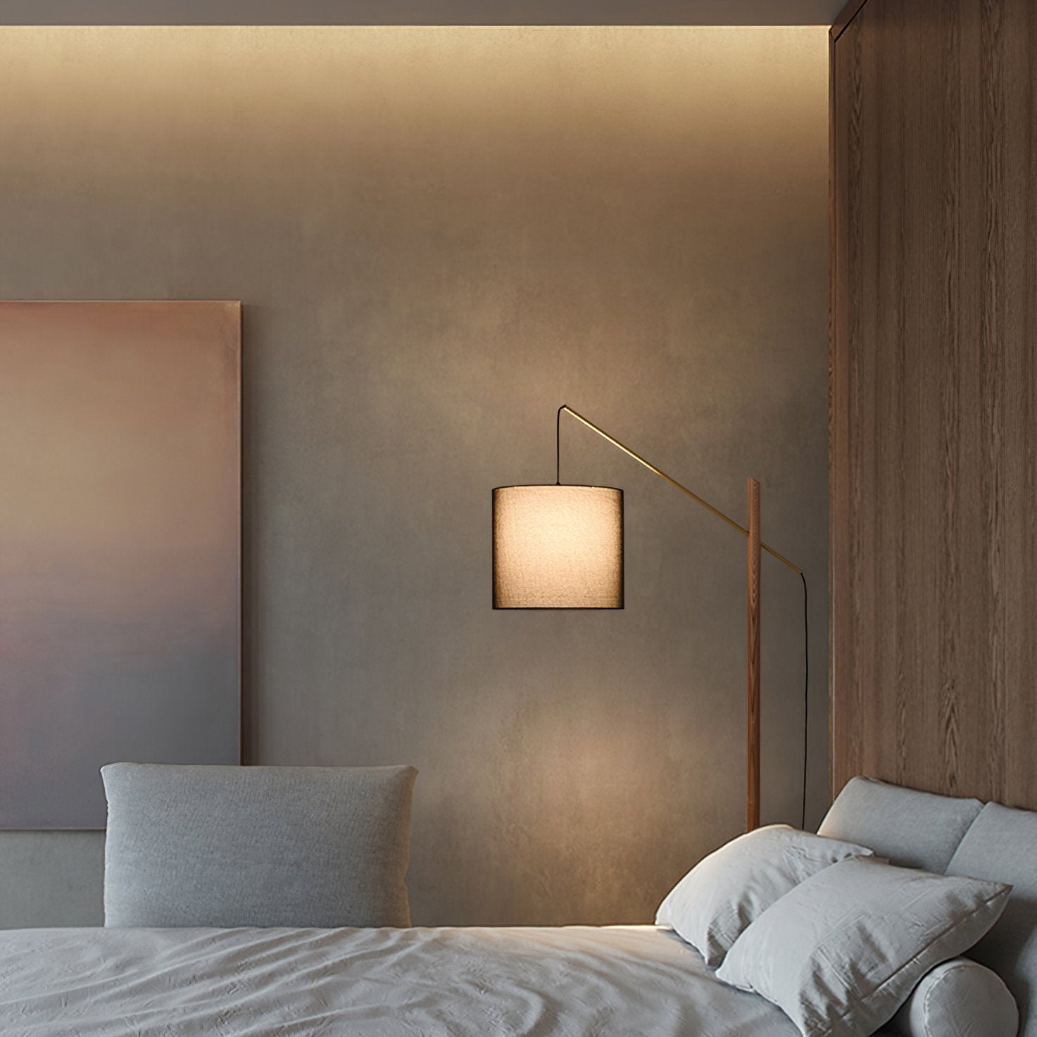 mid-century-modern-walnut-wood-arched-floor-lamp-with-fabric-drum-shade-standing-light