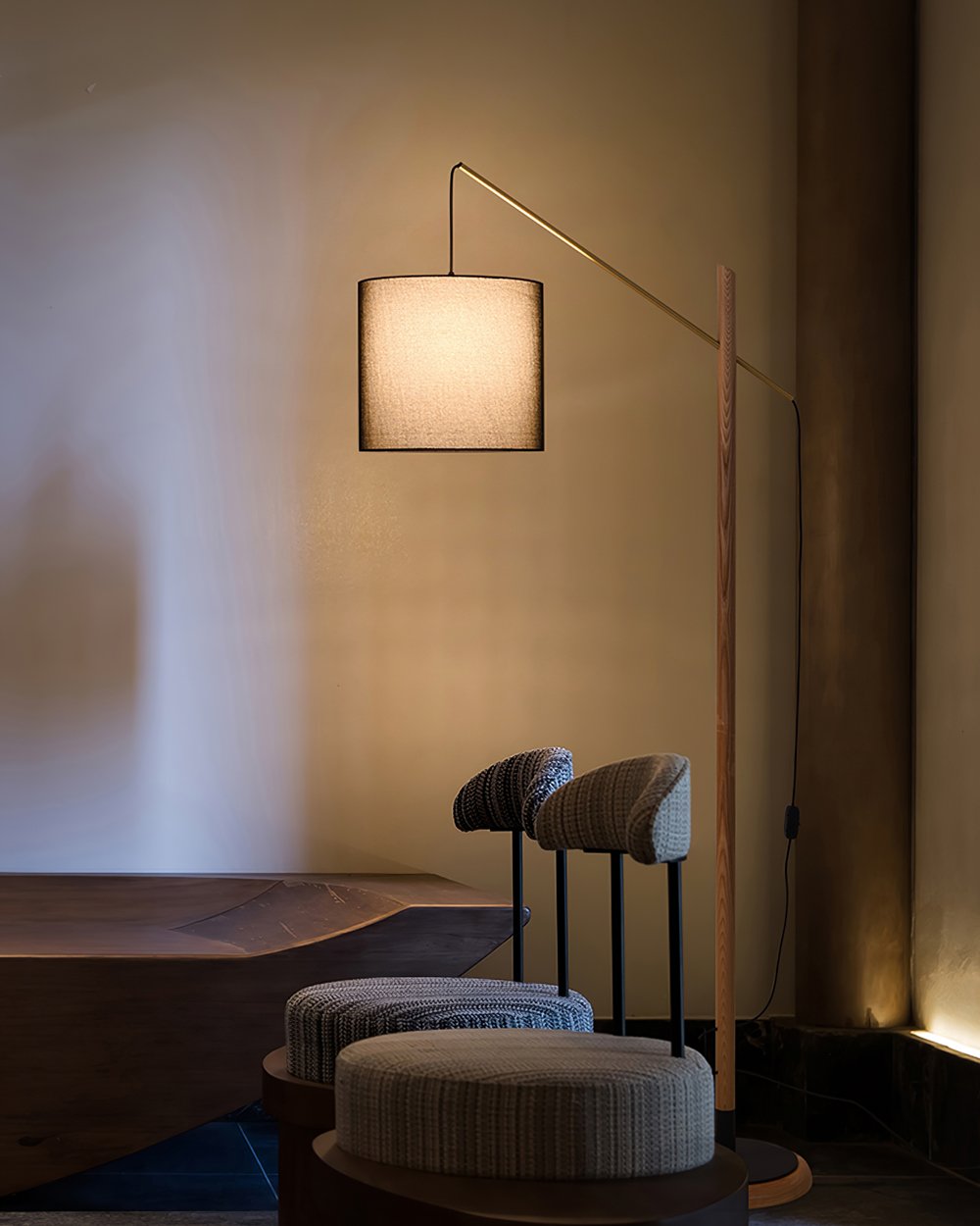 mid-century-modern-walnut-wood-arched-floor-lamp-with-fabric-drum-shade-standing-light