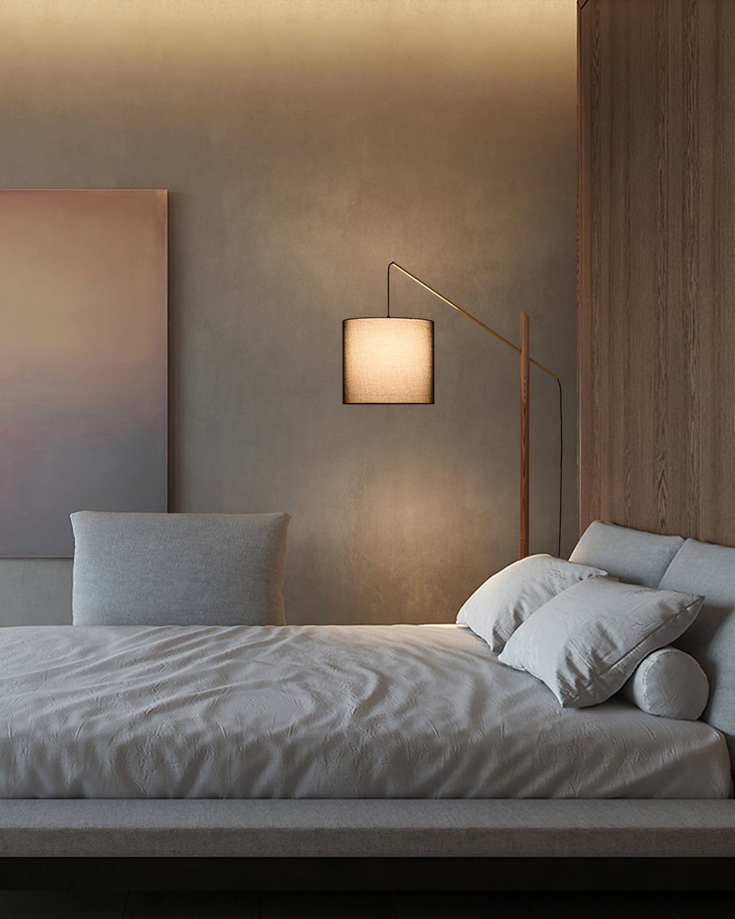 mid-century-modern-walnut-wood-arched-floor-lamp-with-fabric-drum-shade-standing-light