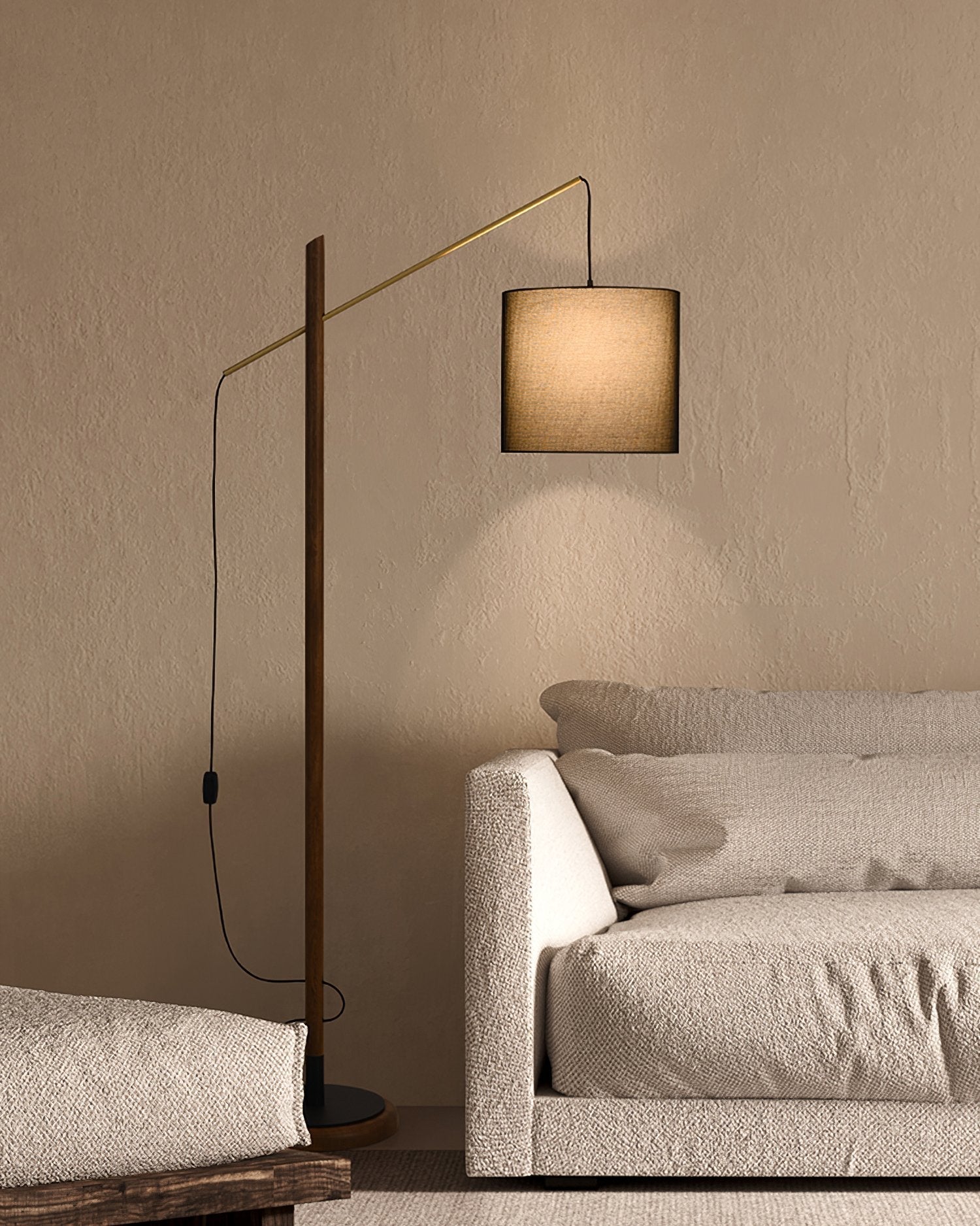 mid-century-modern-walnut-wood-arched-floor-lamp-with-fabric-drum-shade-standing-light