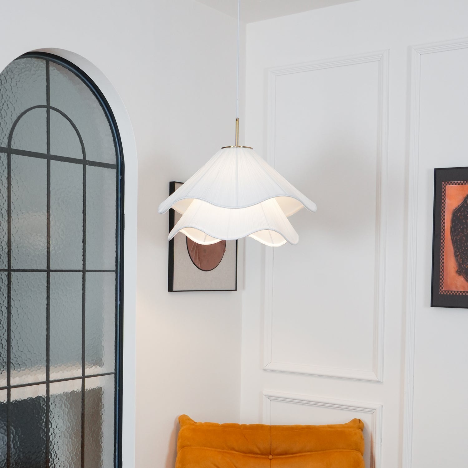 white-pleated-fabric-plug-in-pendant-light-gold-hardware-elegant-floral-hanging-lamp