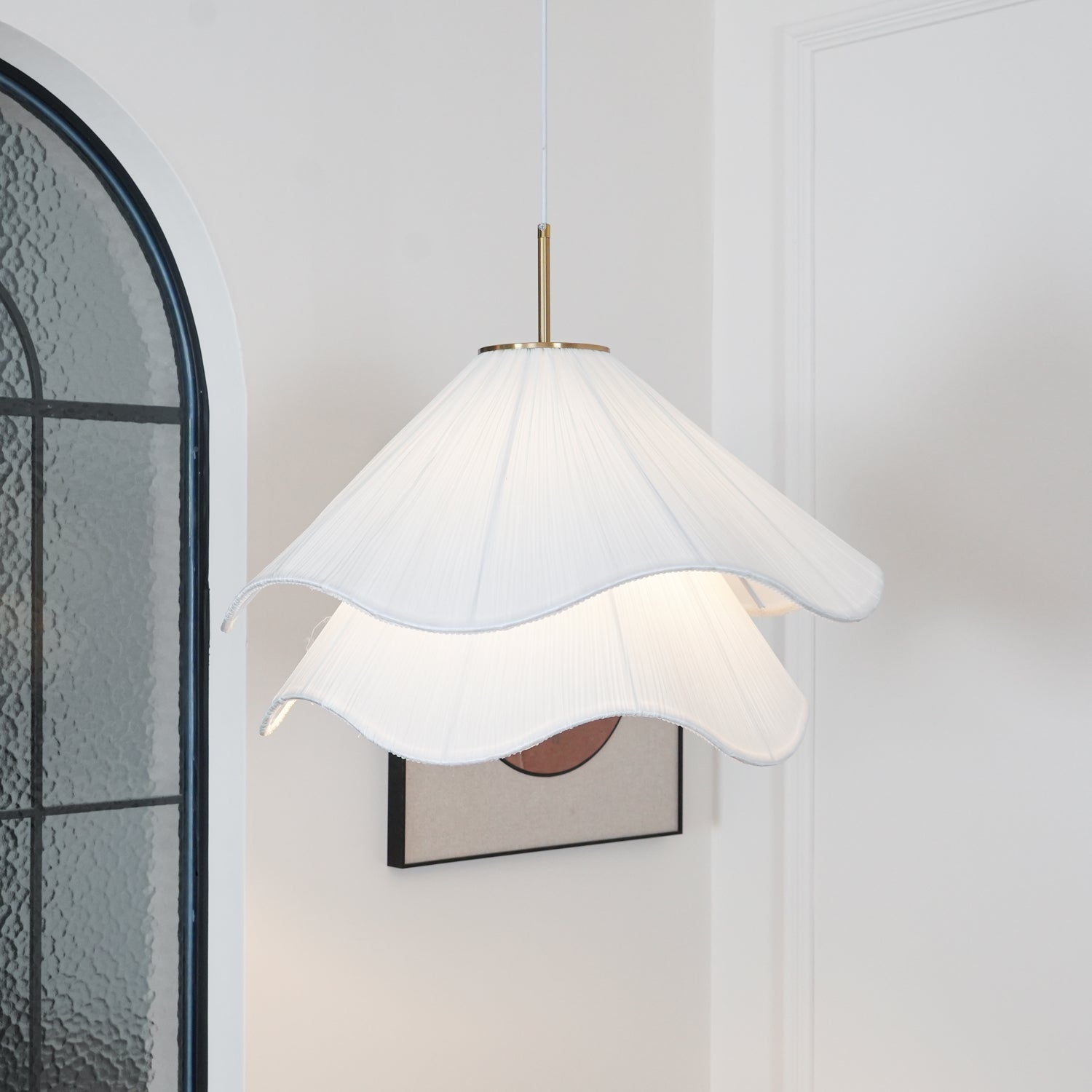 white-pleated-fabric-plug-in-pendant-light-gold-hardware-elegant-floral-hanging-lamp