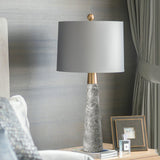 Modern Marble Table Lamp with Slate Grey Fabric Shade and Gold Metal Finish for Bedroom and Living Room