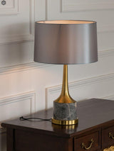 Modern Marble Table Lamp with Slate Grey Fabric Shade and Gold Metal Finish for Bedroom and Living Room