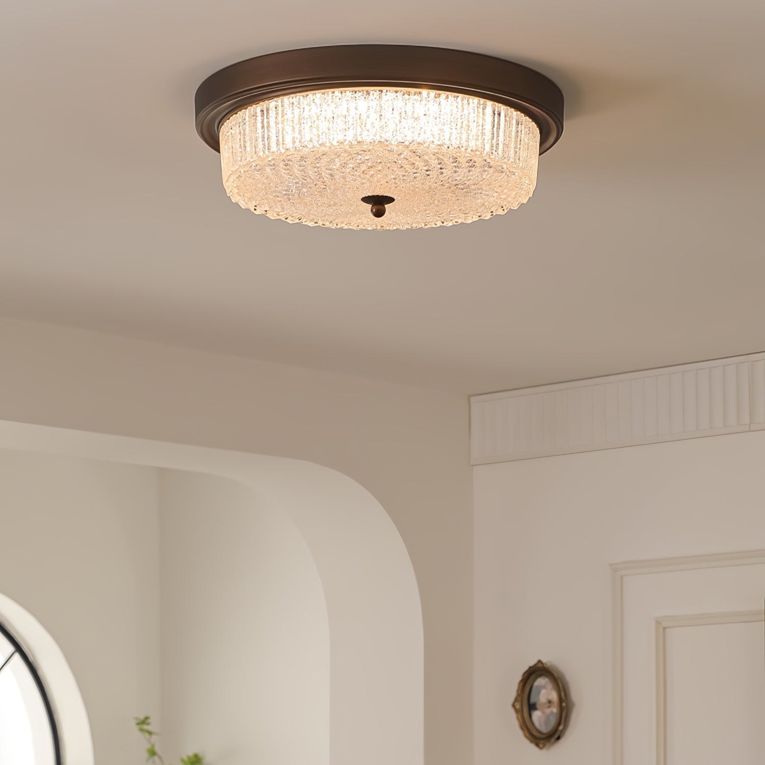 Fabula Flush Mount Ceiling Light Vintage Bronze American Style Fixture with Antiqued Glass