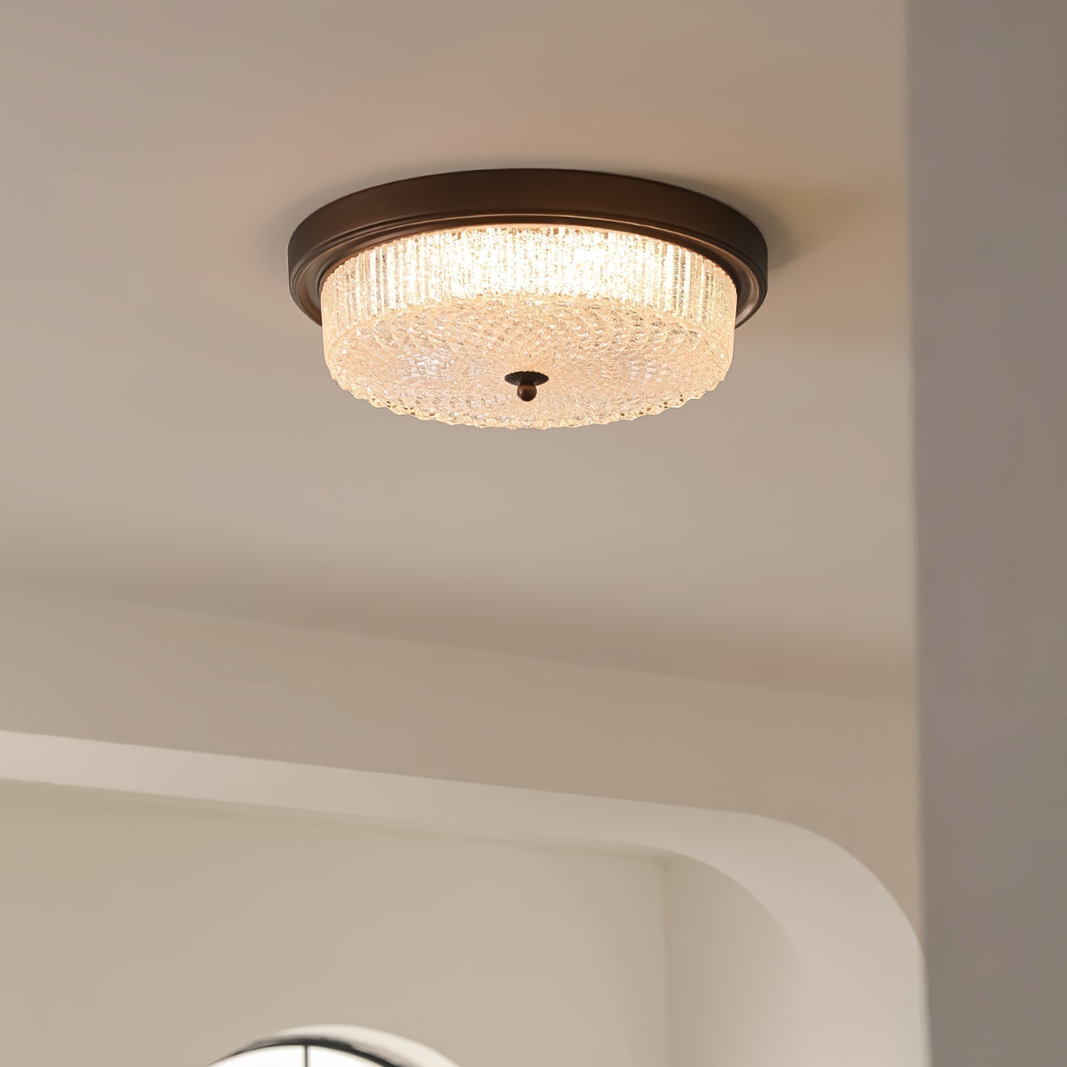 Fabula Flush Mount Ceiling Light Vintage Bronze American Style Fixture with Antiqued Glass