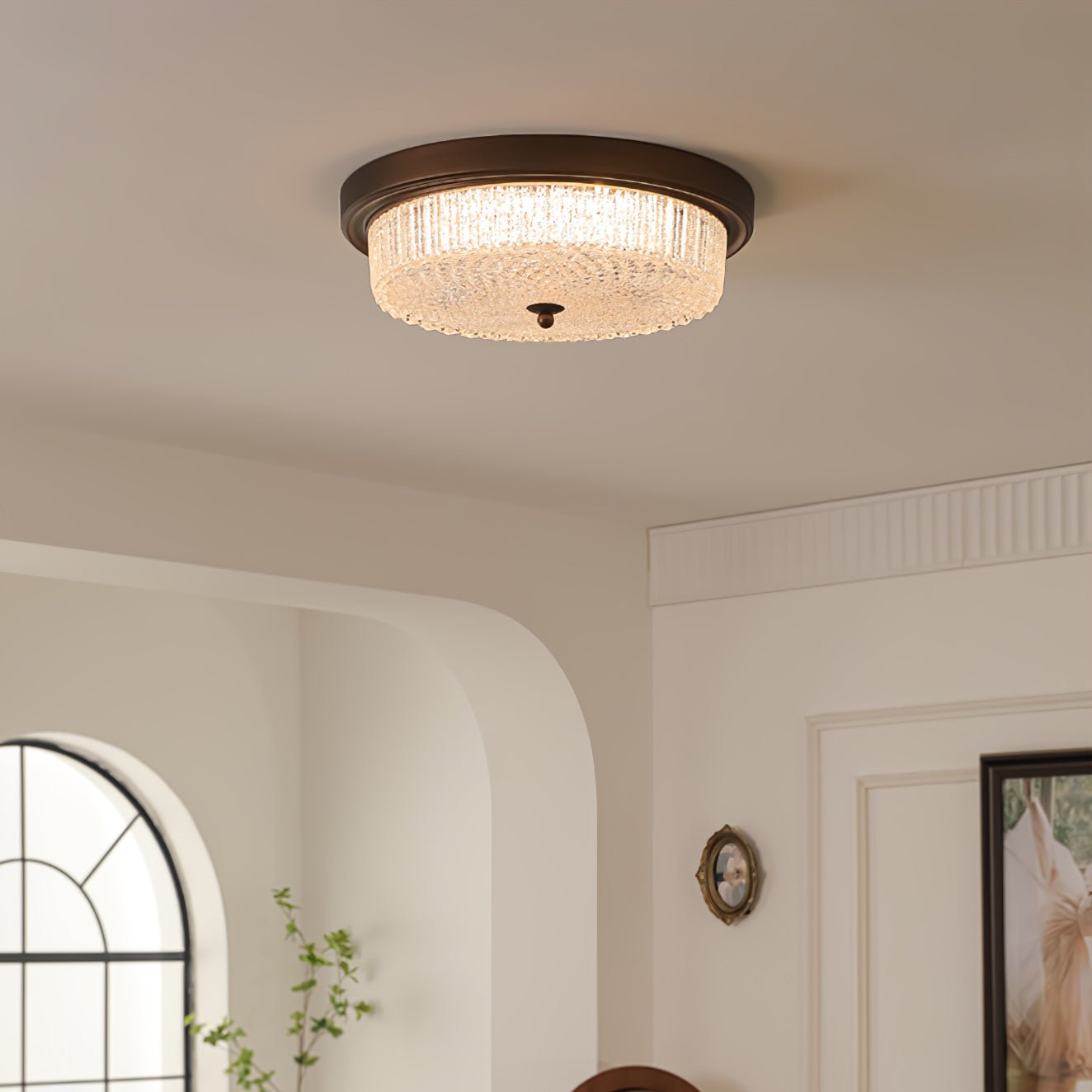 Fabula Flush Mount Ceiling Light Vintage Bronze American Style Fixture with Antiqued Glass