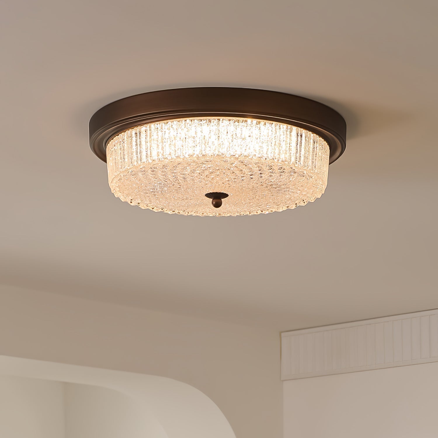 Fabula Flush Mount Ceiling Light Vintage Bronze American Style Fixture with Antiqued Glass