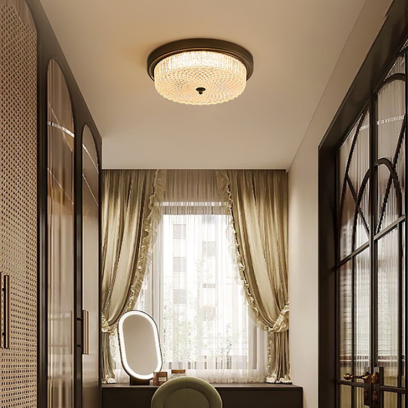 Fabula Flush Mount Ceiling Light Vintage Bronze American Style Fixture with Antiqued Glass