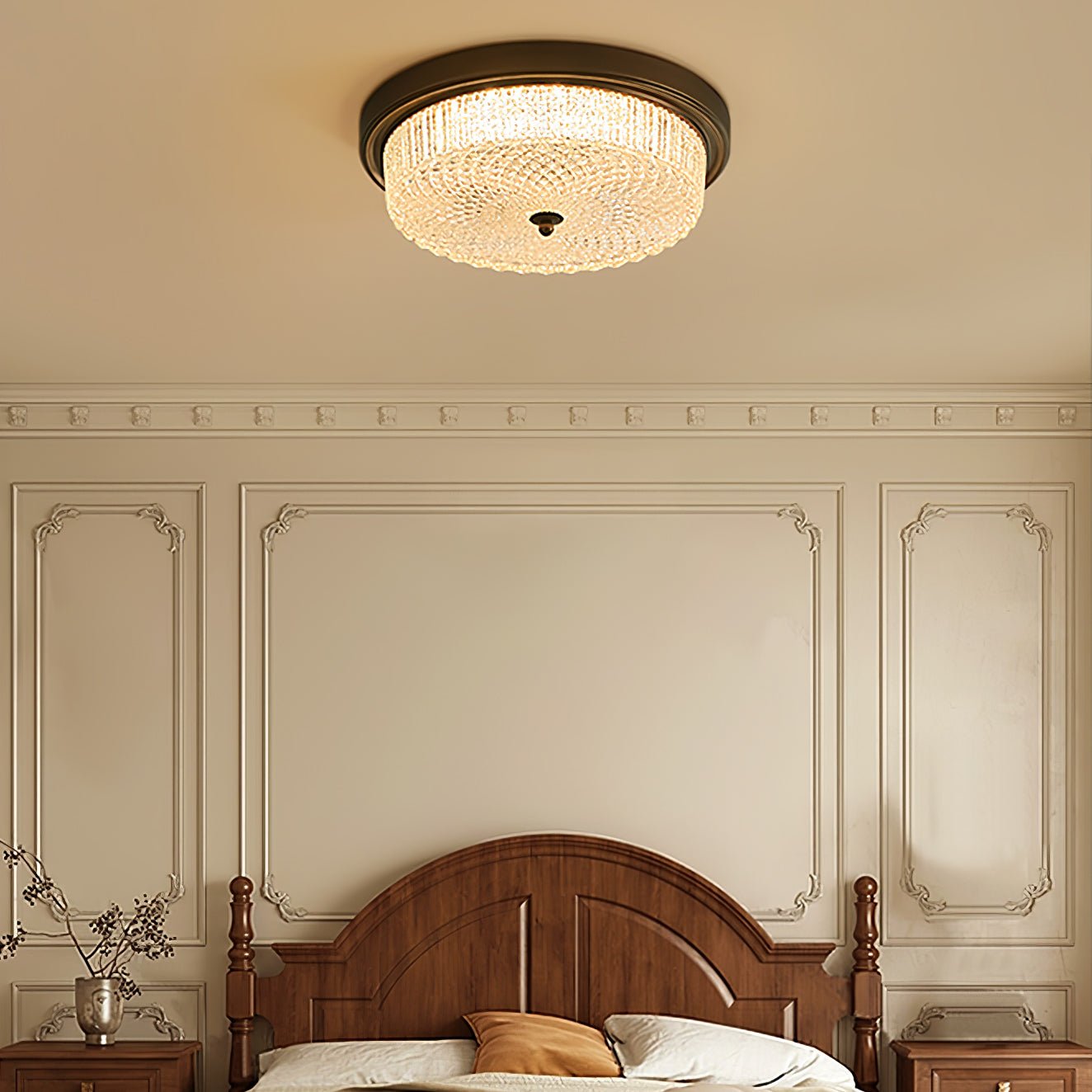 Fabula Flush Mount Ceiling Light Vintage Bronze American Style Fixture with Antiqued Glass