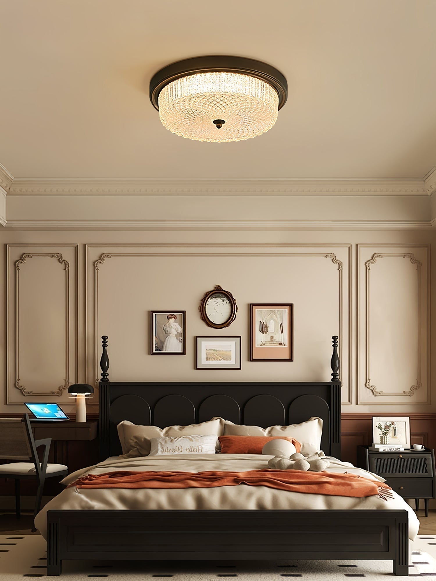 Fabula Flush Mount Ceiling Light Vintage Bronze American Style Fixture with Antiqued Glass