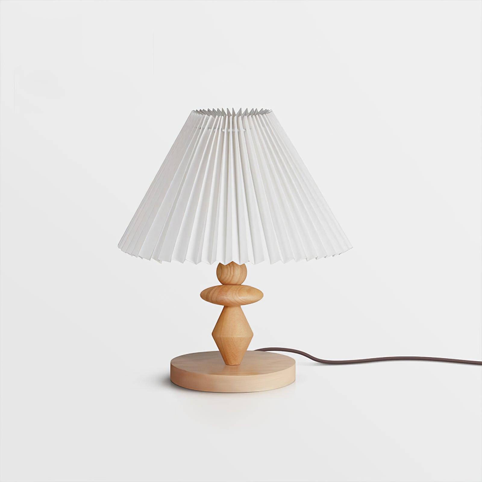 Pleated Fabric Shade Table Lamp with Wooden Base Modern Bedside Light for Living Room