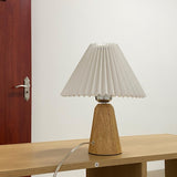 Pleated Fabric Shade Table Lamp with Wooden Base Modern Bedside Light for Living Room