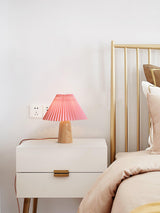 Pleated Fabric Shade Table Lamp with Wooden Base Modern Bedside Light for Living Room