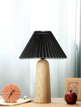 Pleated Fabric Shade Table Lamp with Wooden Base Modern Bedside Light for Living Room