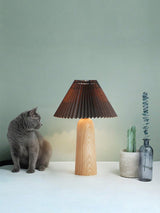 Pleated Fabric Shade Table Lamp with Wooden Base Modern Bedside Light for Living Room