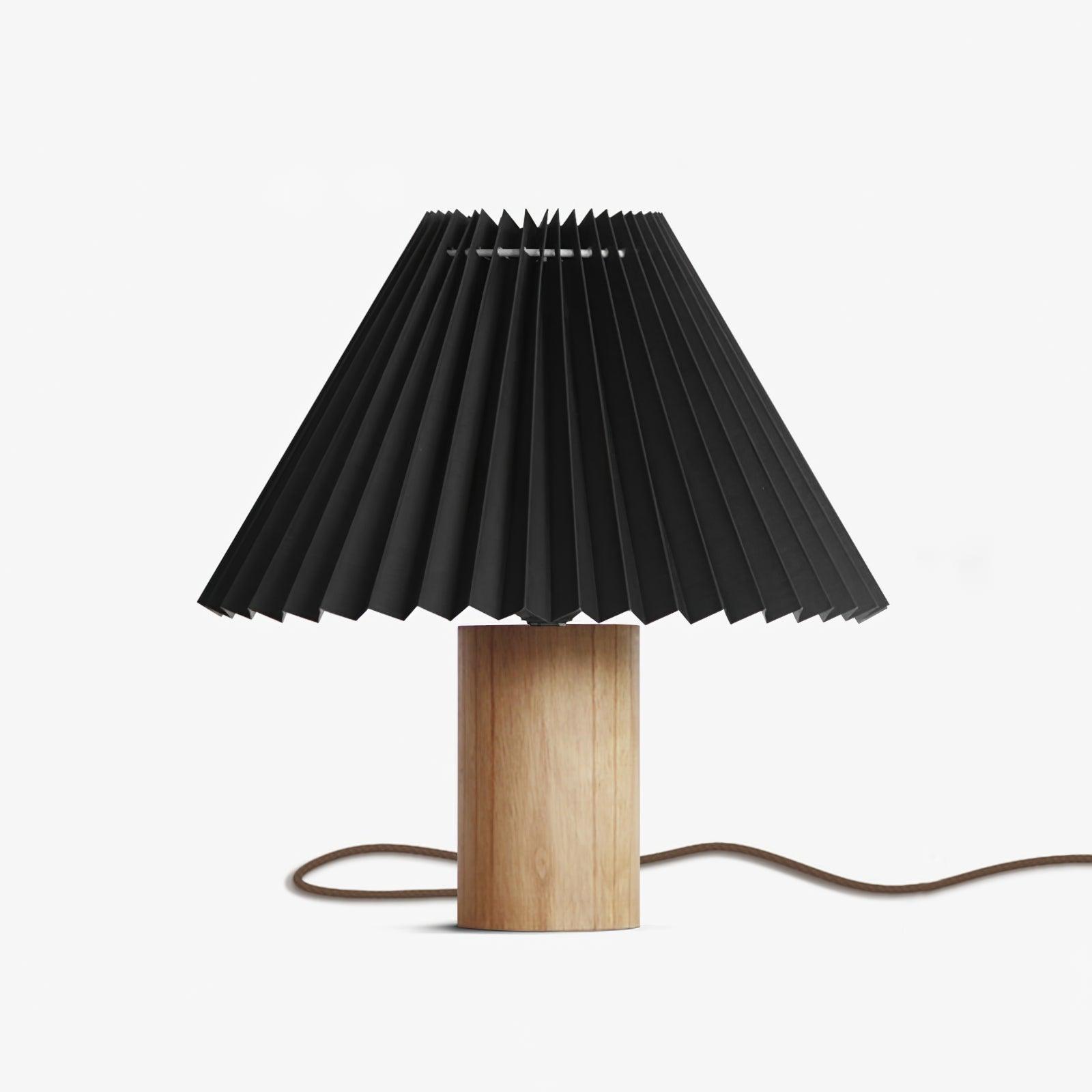 Pleated Fabric Shade Table Lamp with Wooden Base Modern Bedside Light for Living Room