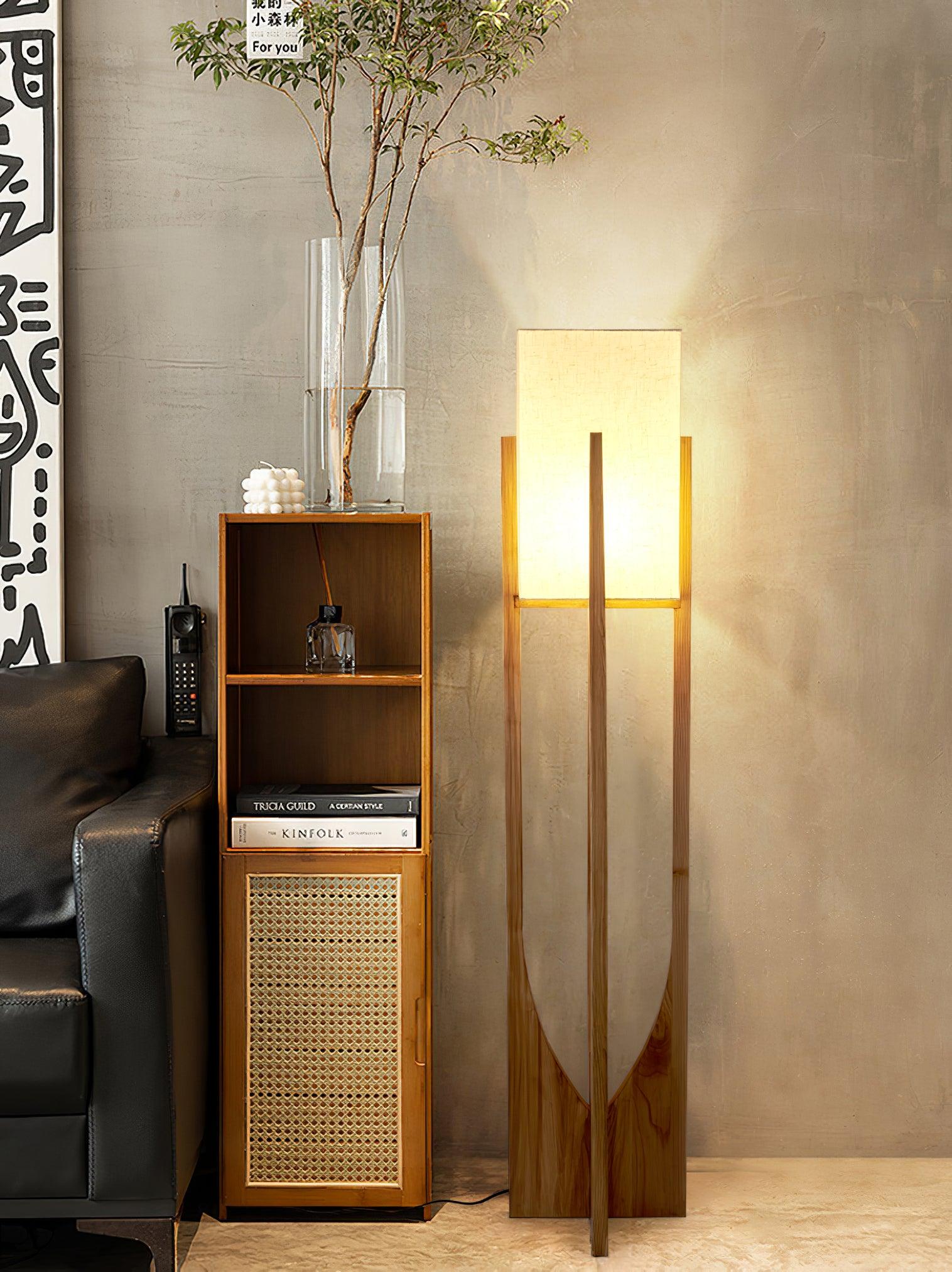 Modern Fairbanks Standing Lamp with Ash Wood Frame and White Fabric Shade