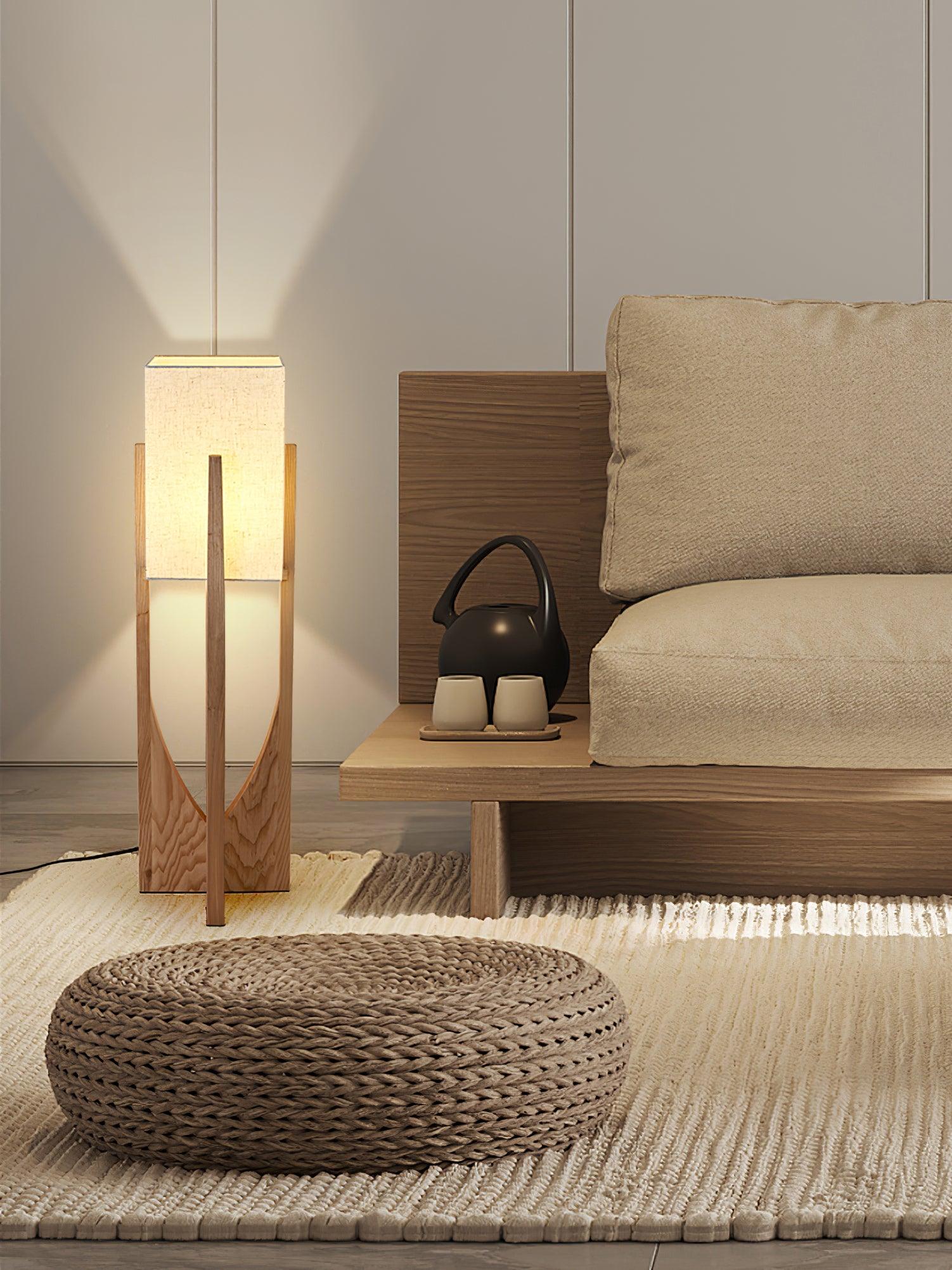 Modern Fairbanks Standing Lamp with Ash Wood Frame and White Fabric Shade