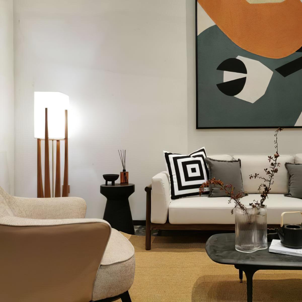 Modern Fairbanks Standing Lamp with Ash Wood Frame and White Fabric Shade
