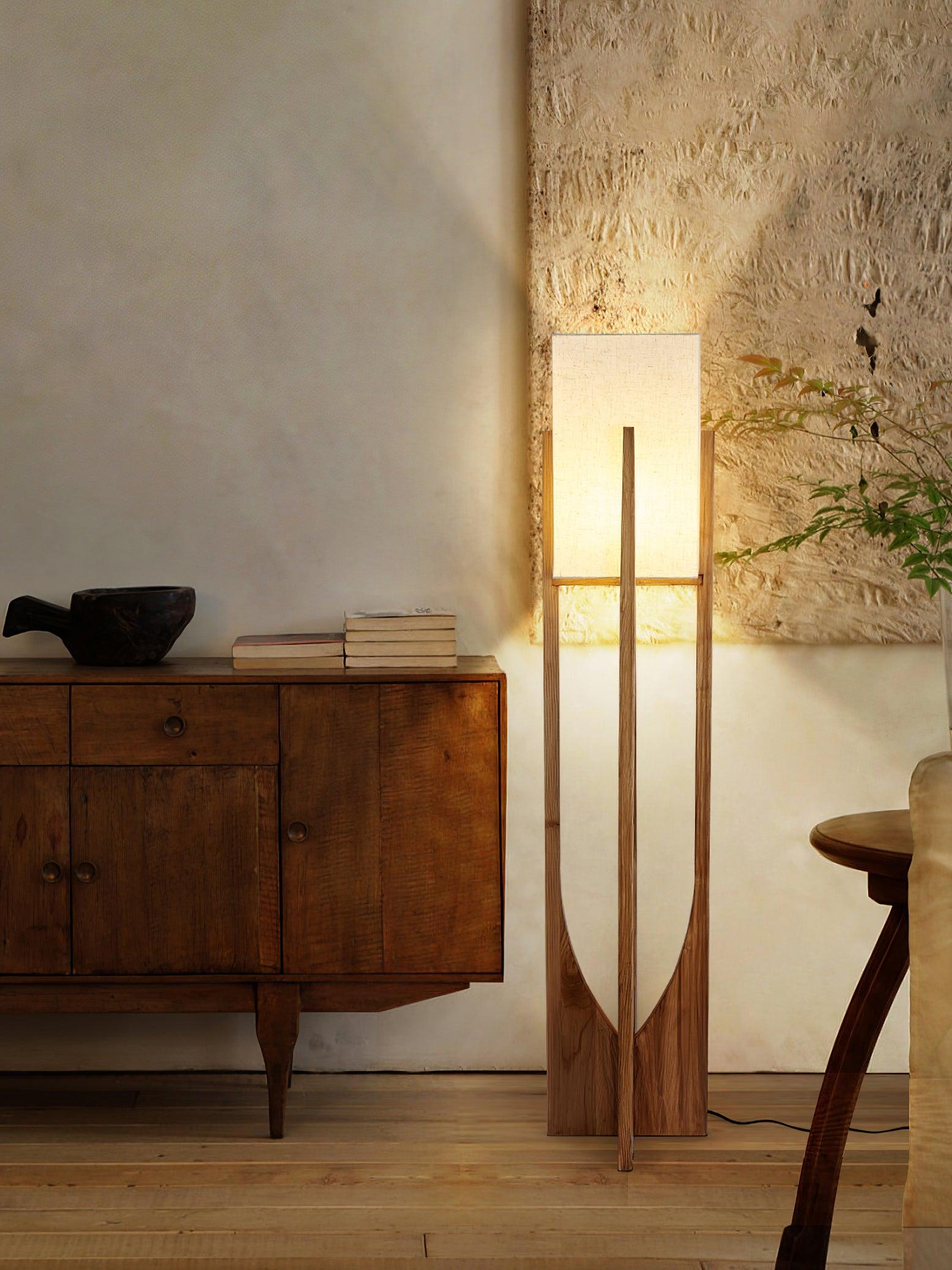 Modern Fairbanks Standing Lamp with Ash Wood Frame and White Fabric Shade