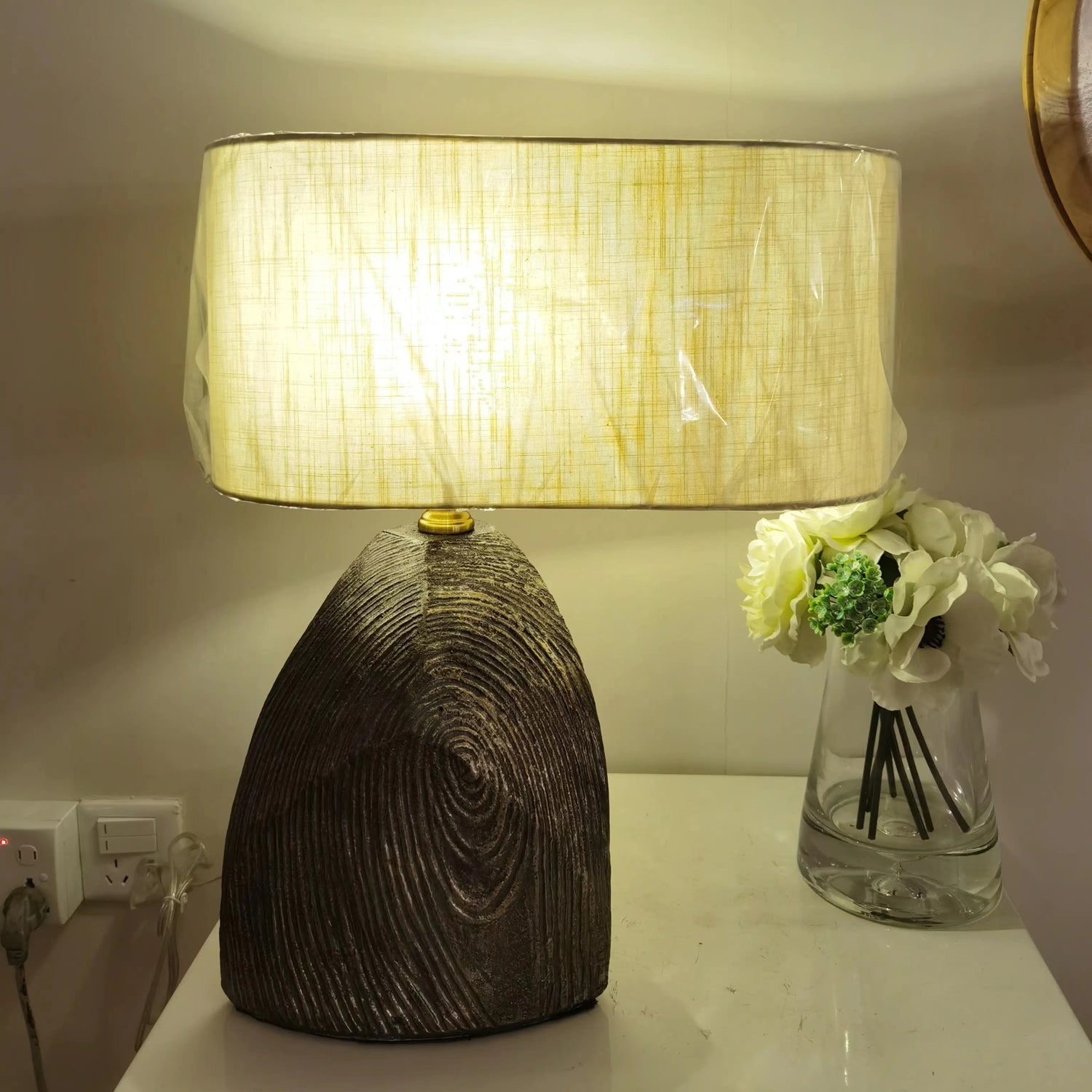 Faro Modern Geometric Table Lamp with Abaca Fabric Shade and Black Resin Base