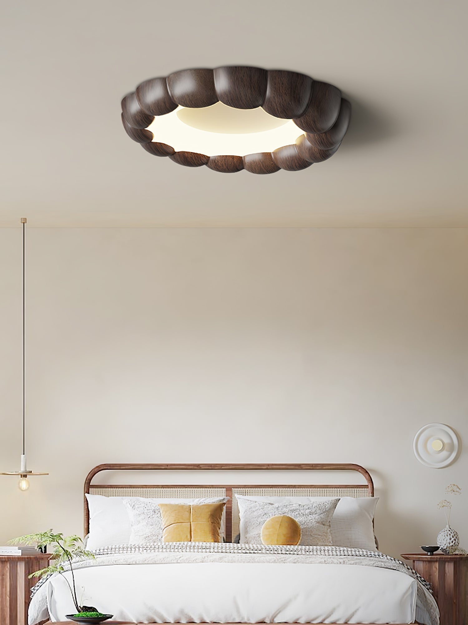 Modern Walnut Wood Grain Ripple Flush Mount LED Ceiling Light Fixture