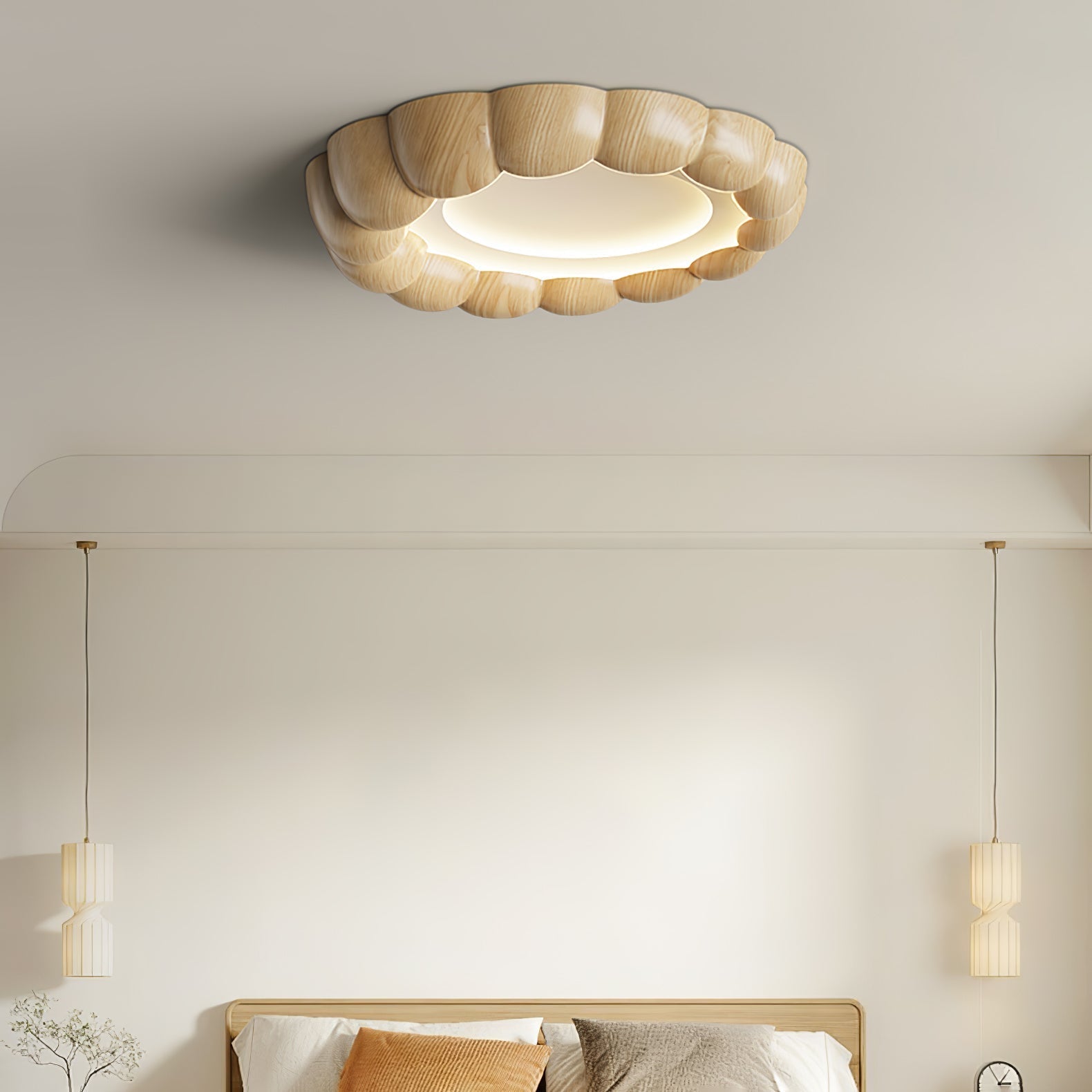 Modern Walnut Wood Grain Ripple Flush Mount LED Ceiling Light Fixture