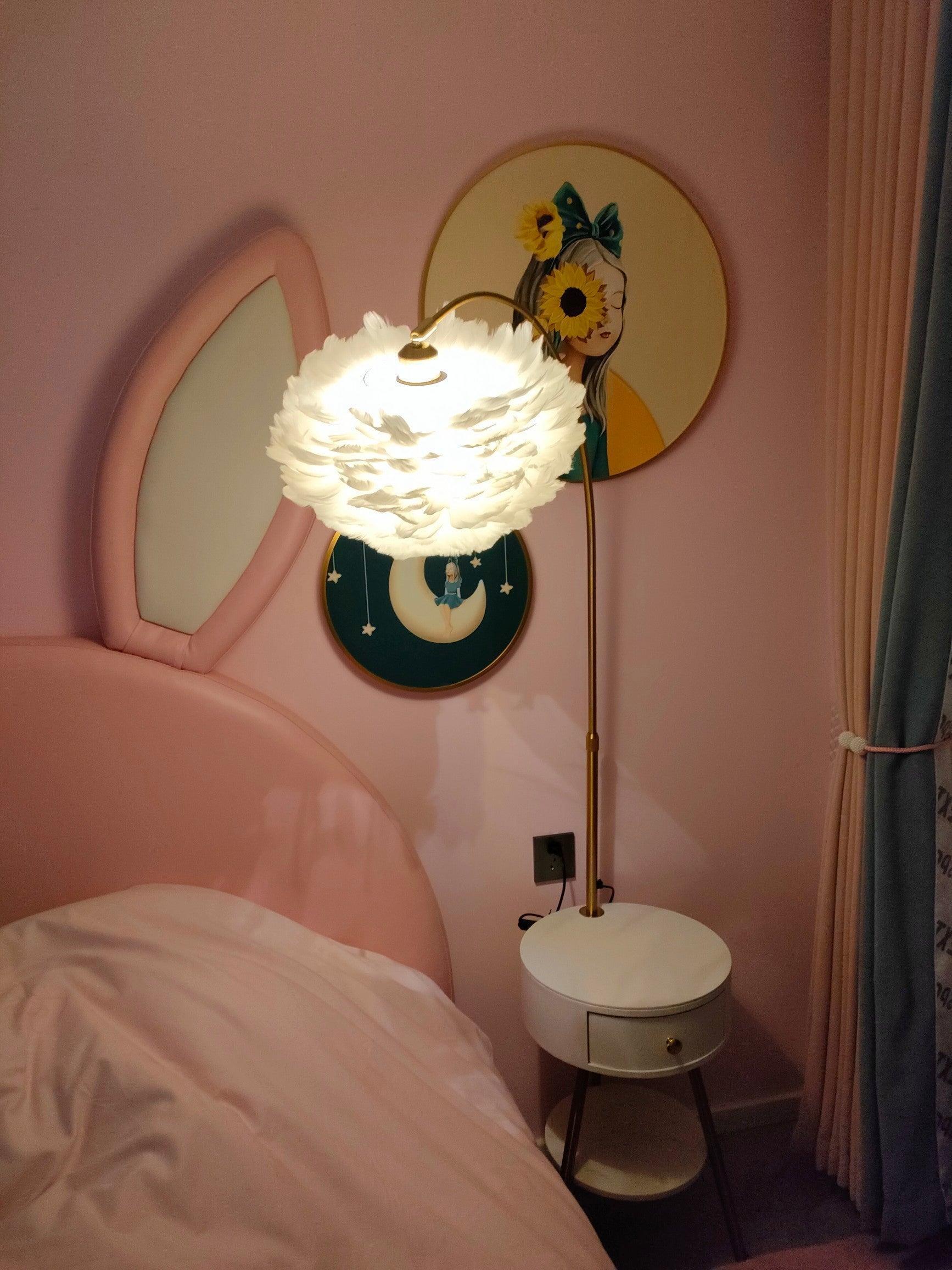 Modern Feather Floor Lamp with Storage Drawer and White Marble Base