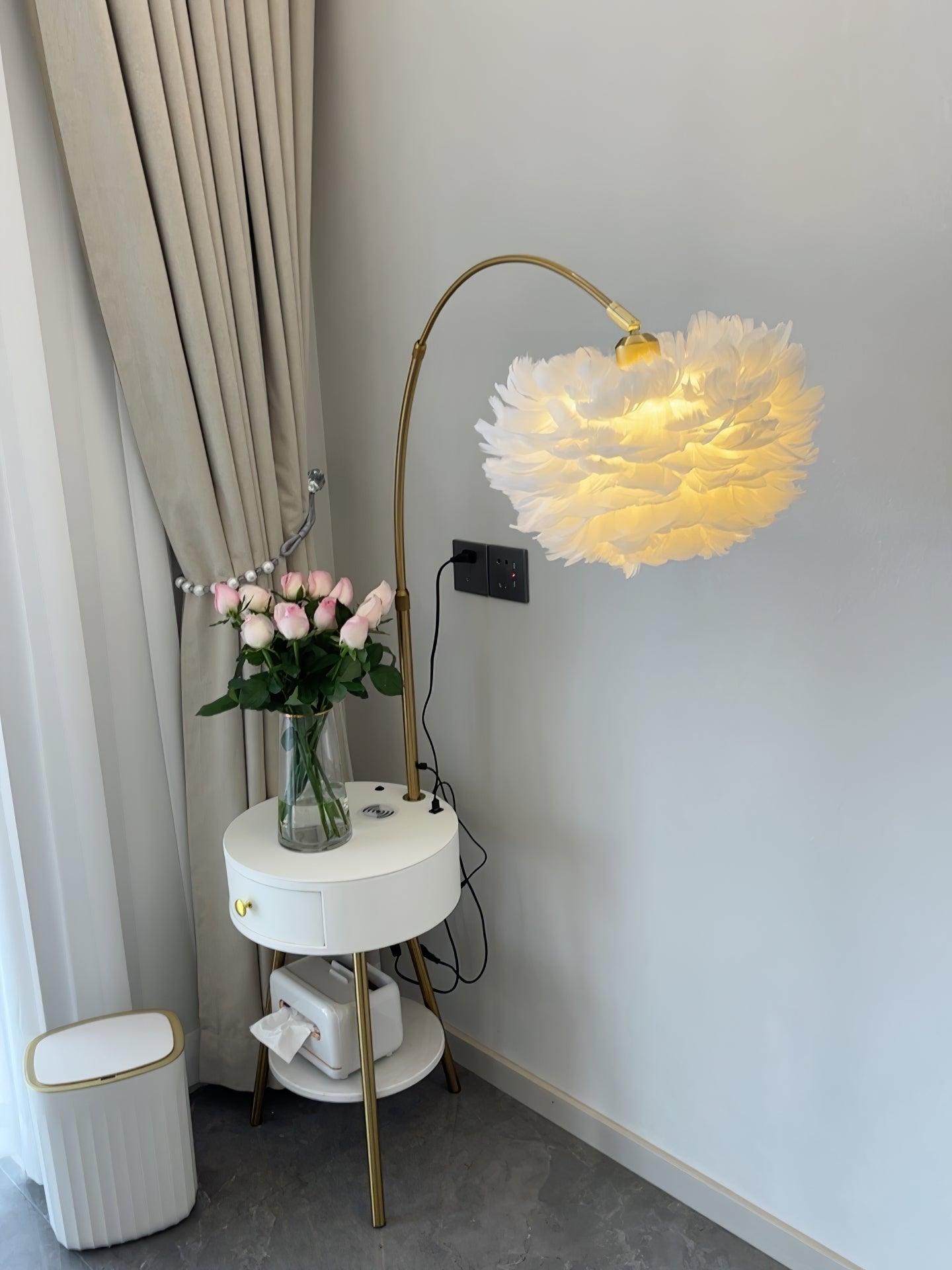 Modern Feather Floor Lamp with Storage Drawer and White Marble Base
