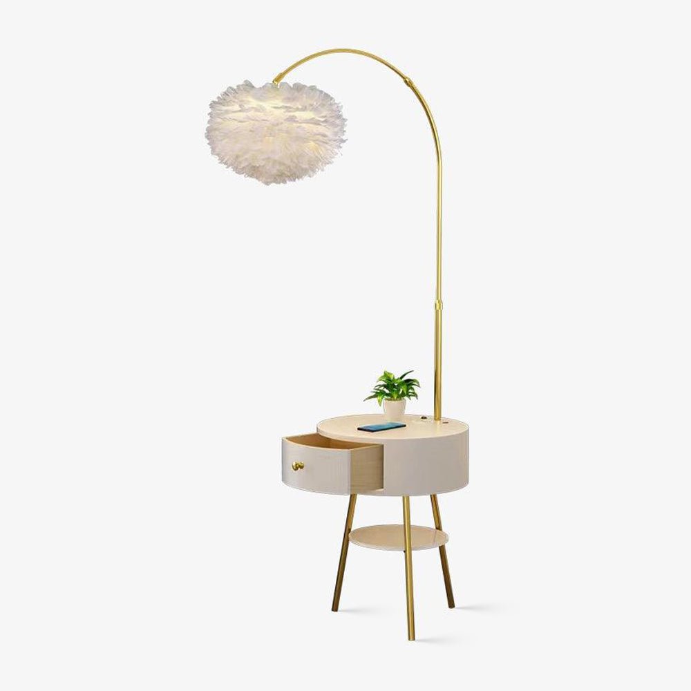 Modern Feather Floor Lamp with Storage Drawer and White Marble Base