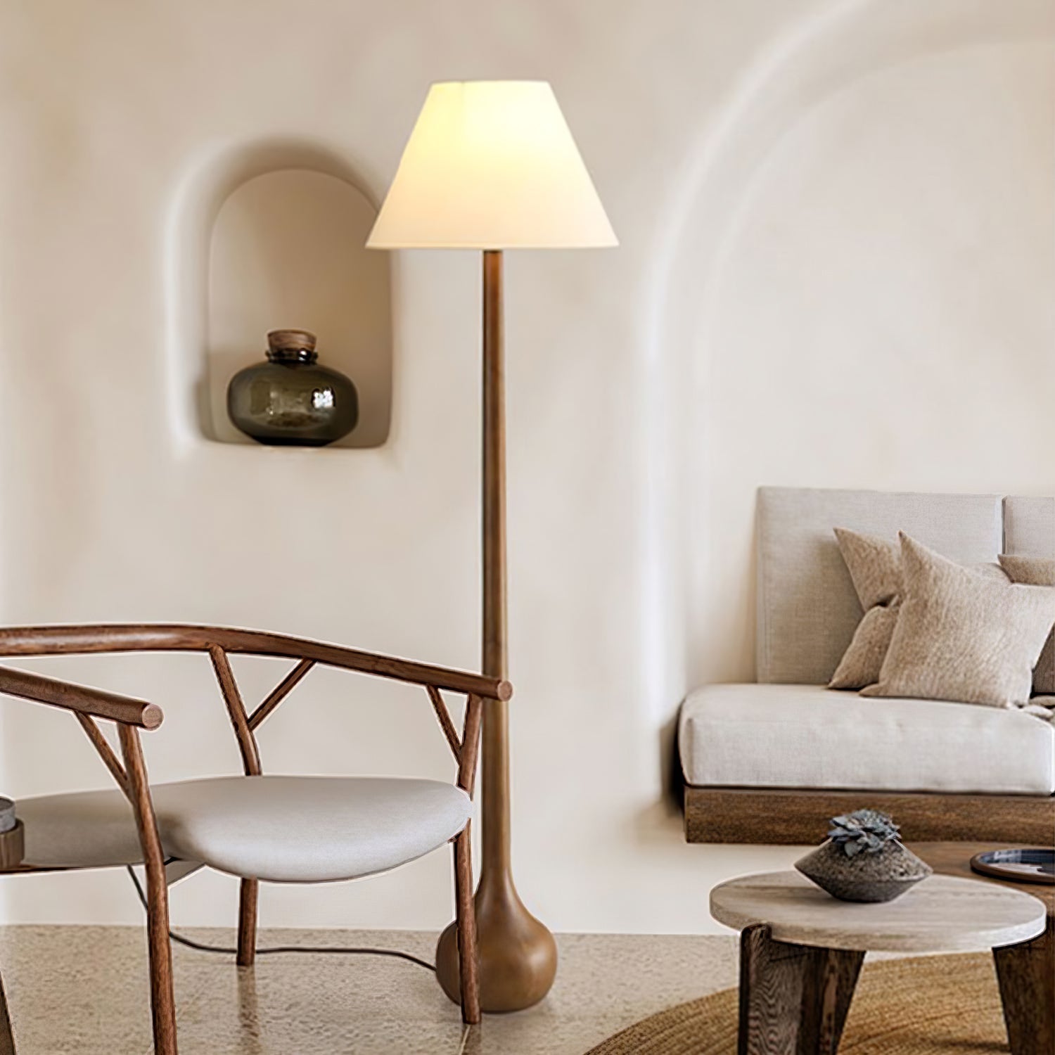 Elegant Solid Wood Uplight Floor Lamp with Fabric Shade and Metal Accents