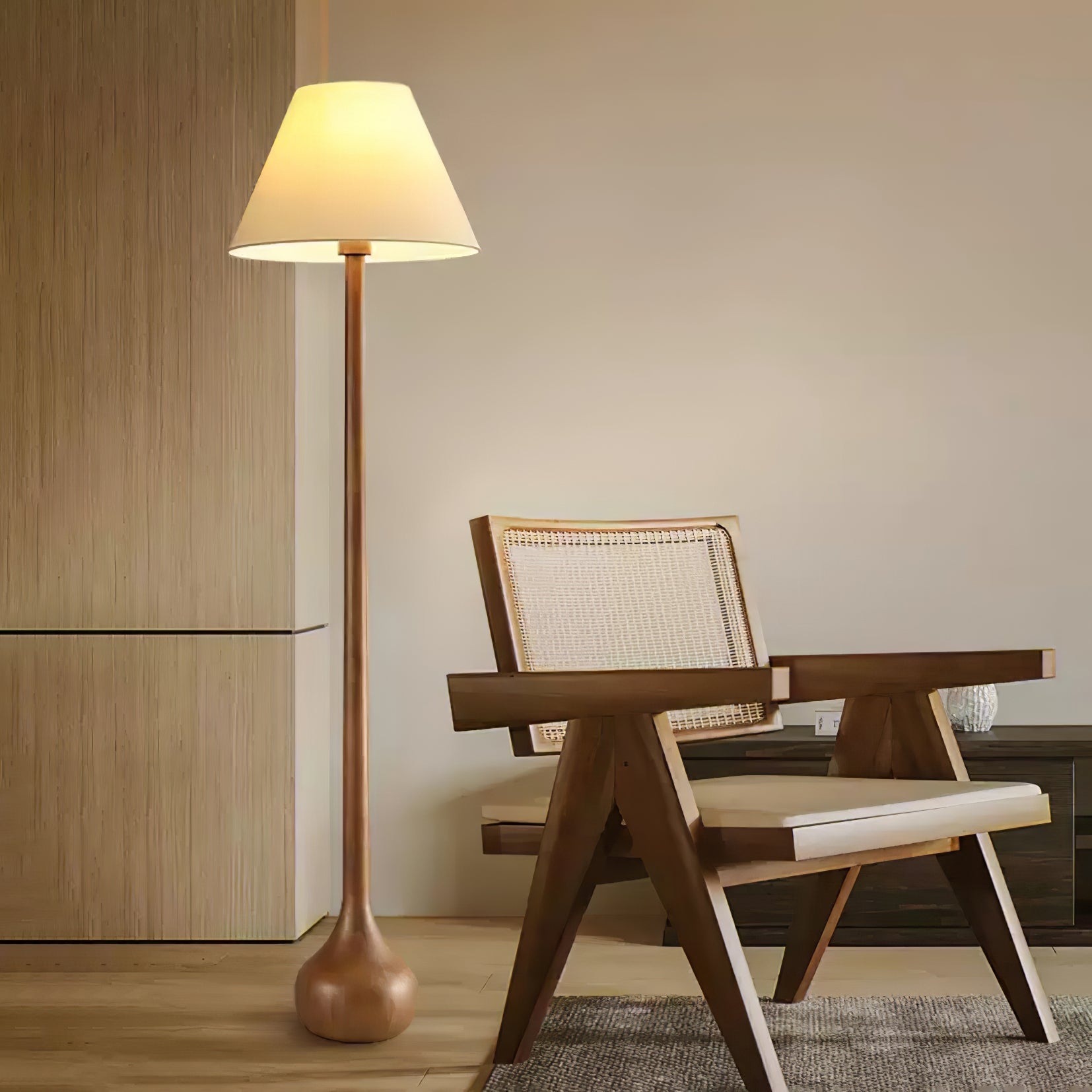 Elegant Solid Wood Uplight Floor Lamp with Fabric Shade and Metal Accents
