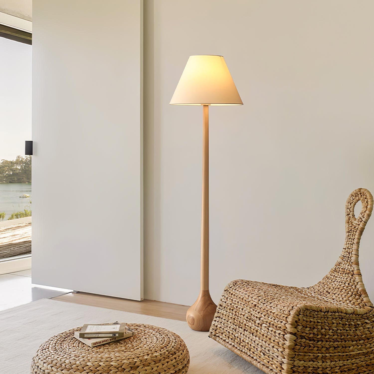 Elegant Solid Wood Uplight Floor Lamp with Fabric Shade and Metal Accents