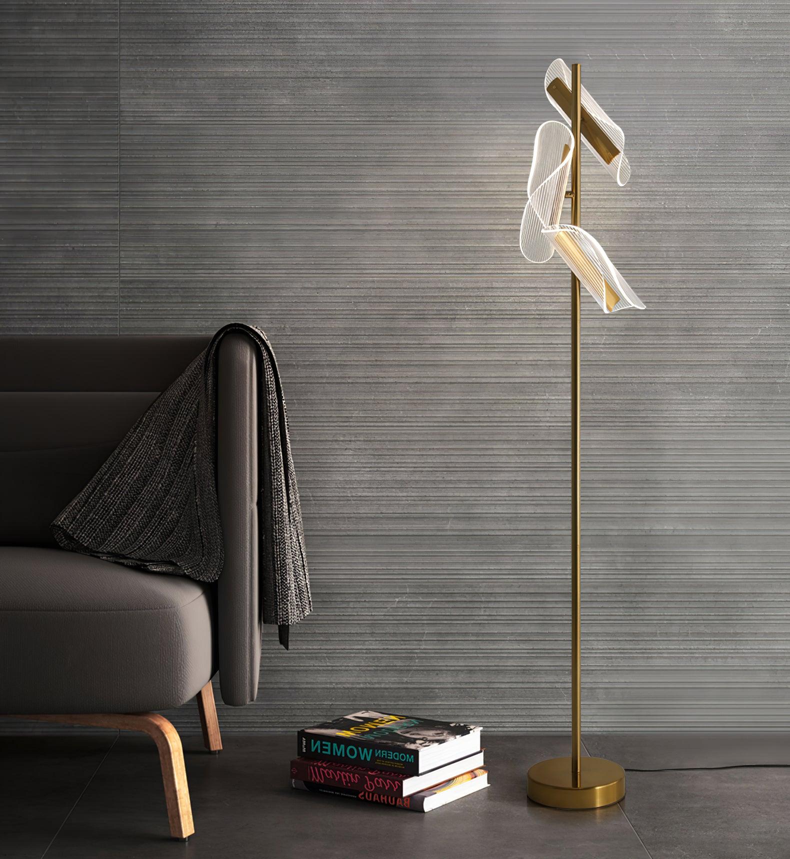 Modern Gold Sculptural Flame Floor Lamp with Integrated LED Acrylic Shades