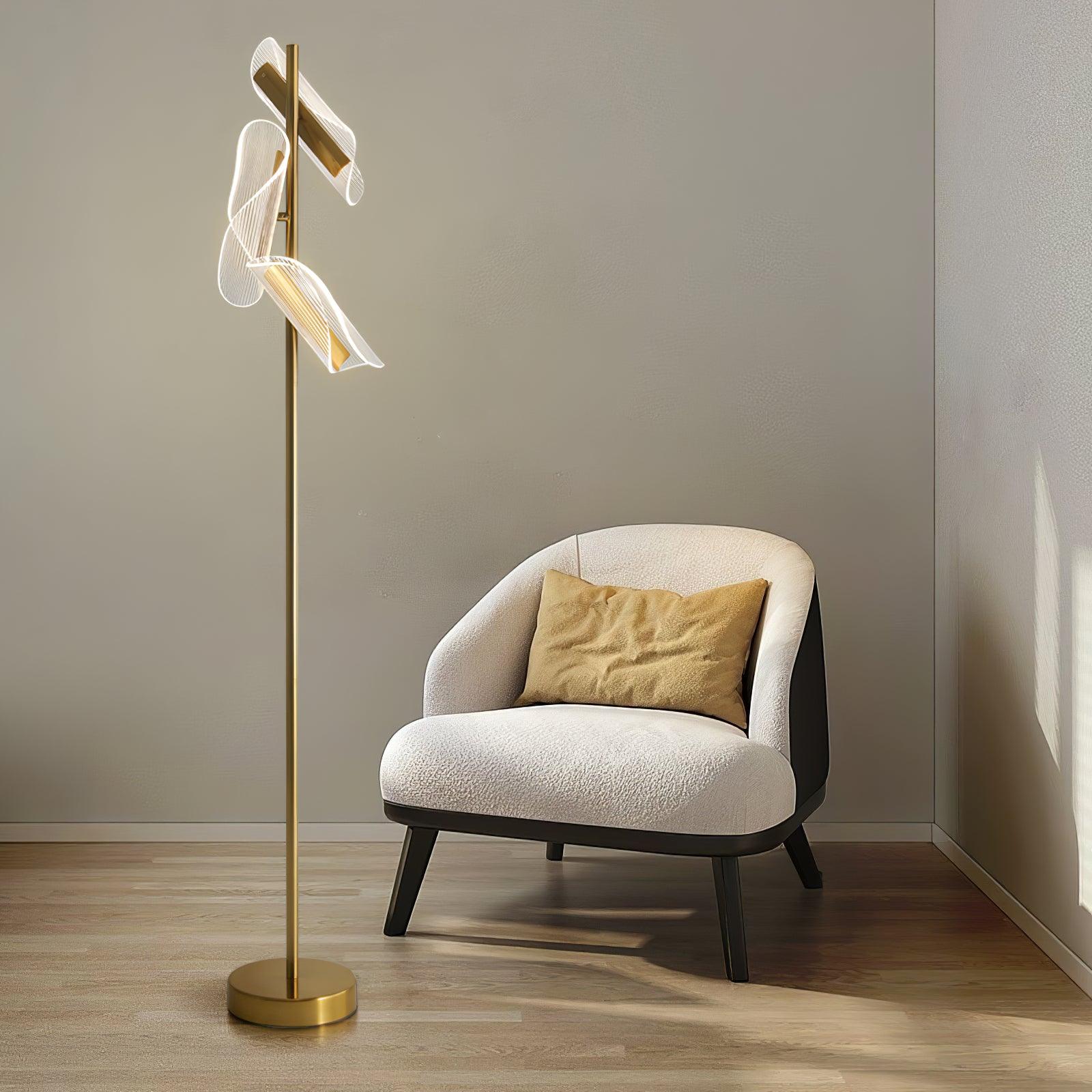 Modern Gold Sculptural Flame Floor Lamp with Integrated LED Acrylic Shades